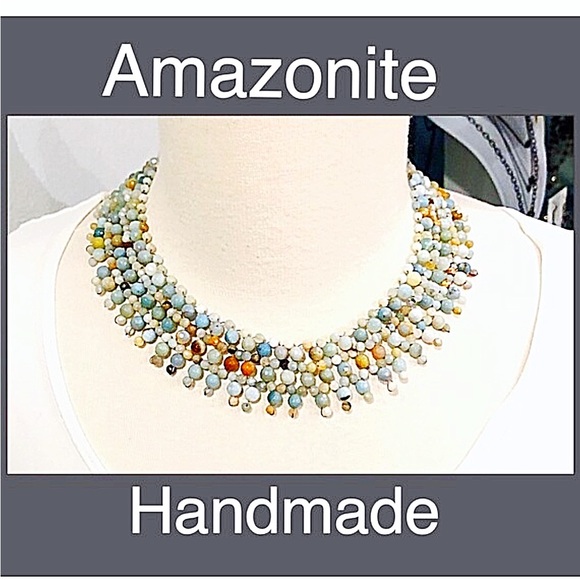 Amazonite Hand Crafted Beaded Collar, NWT, Pewter Toggle, Statement Necklace, - Picture 2 of 6